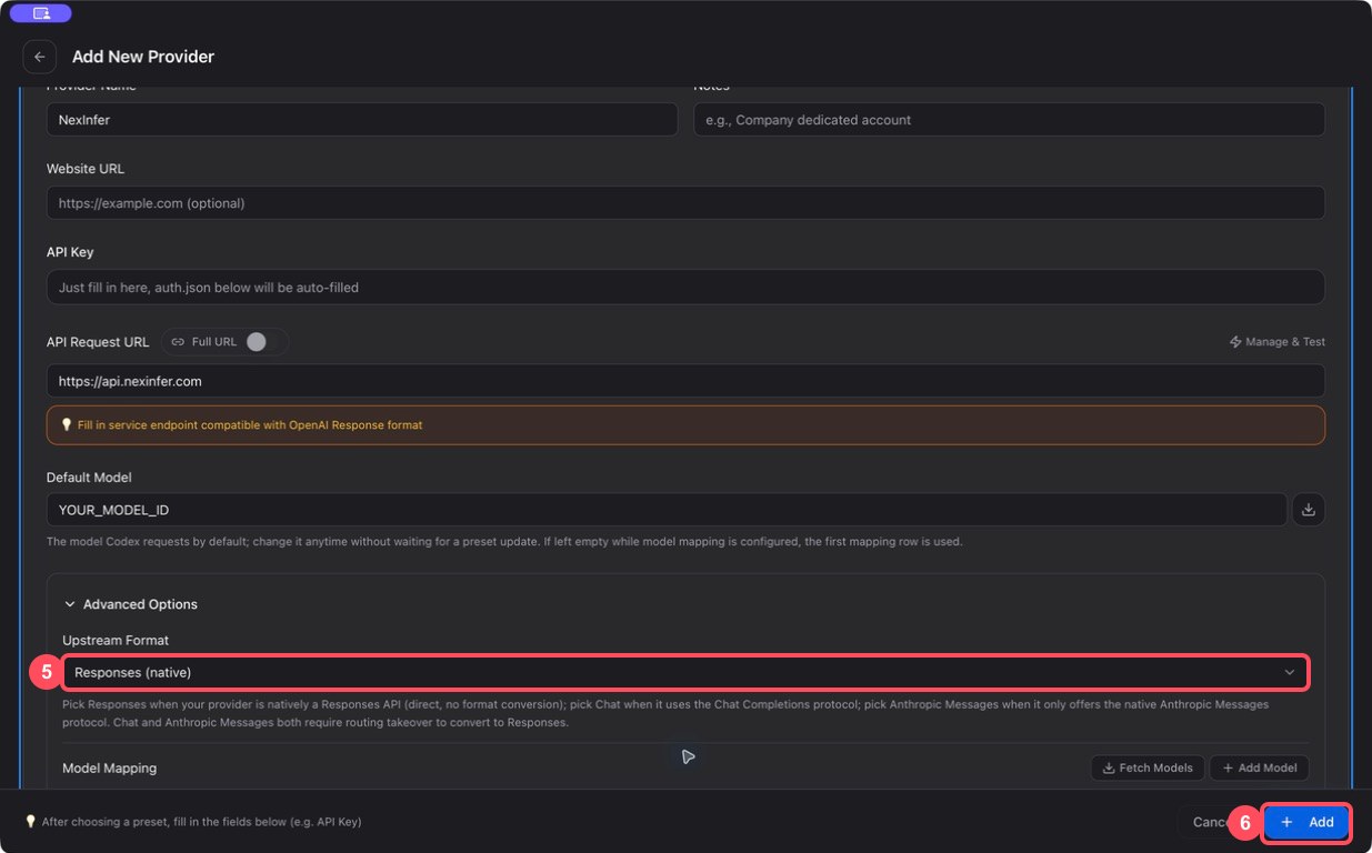 Select the native Responses format for Codex in CC Switch